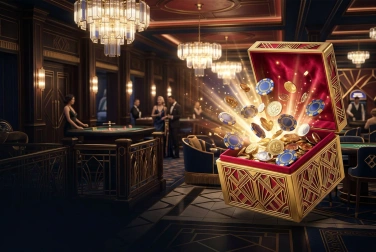 Otwarty złoty prezent otoczony monetami i żetonami